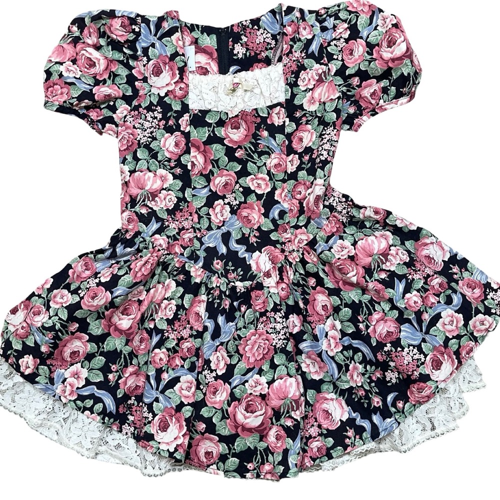 Vintage Eve Too! Floral Lace Dress Girl 6 Black Pink Cottagecore 90s Puff Sleeve